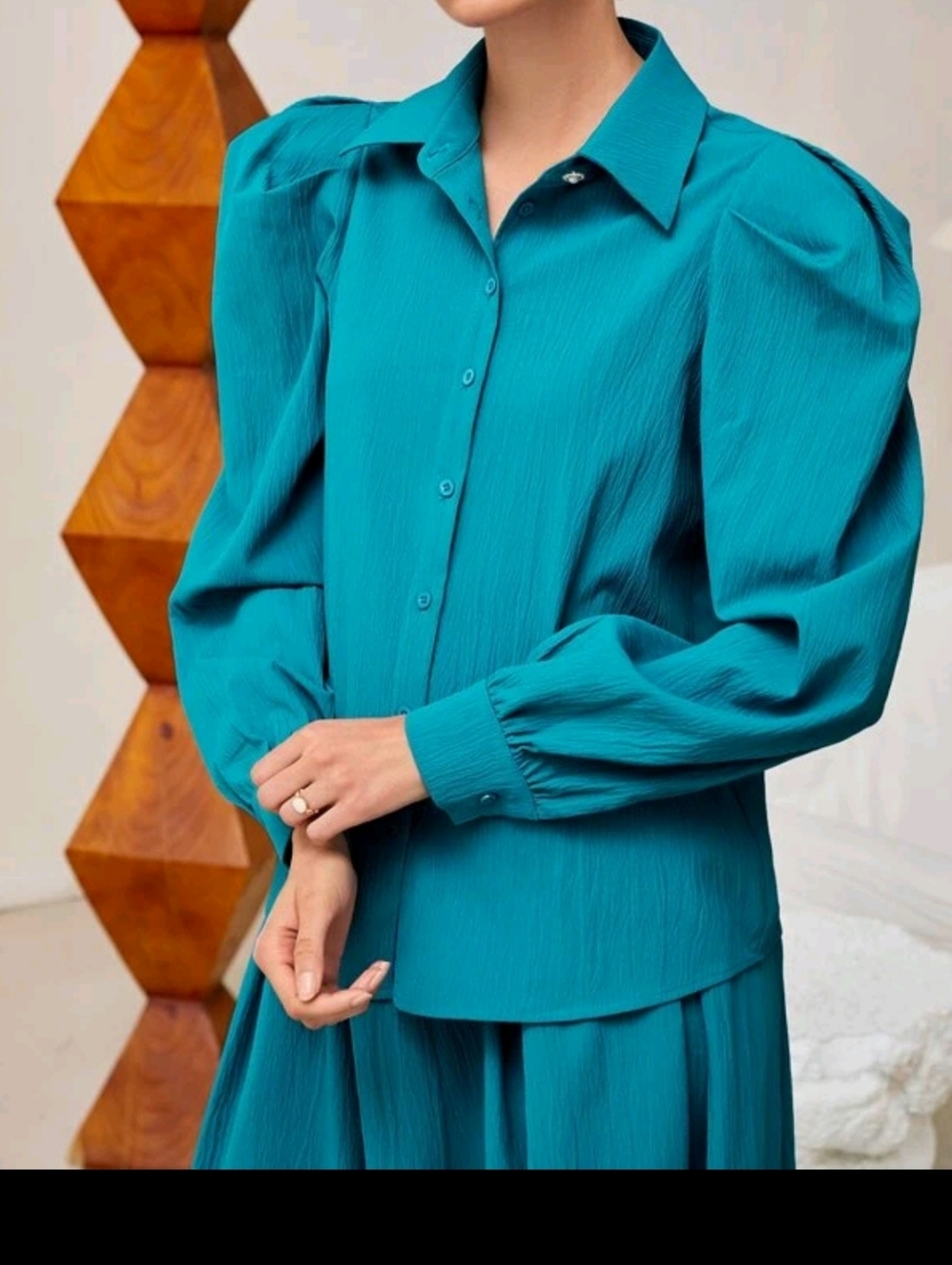Teal Puff-Sleeve Button-Front Women's Top